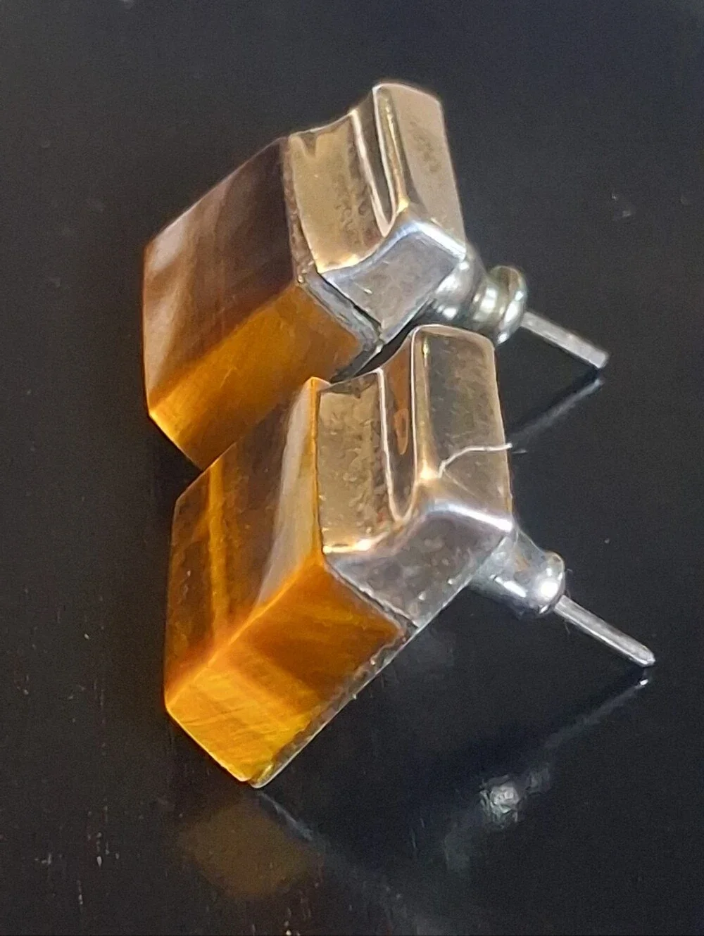 Vintage Mexican Sterling Silver Tigers Eye Earrings Hecho En Mexico Modernist
